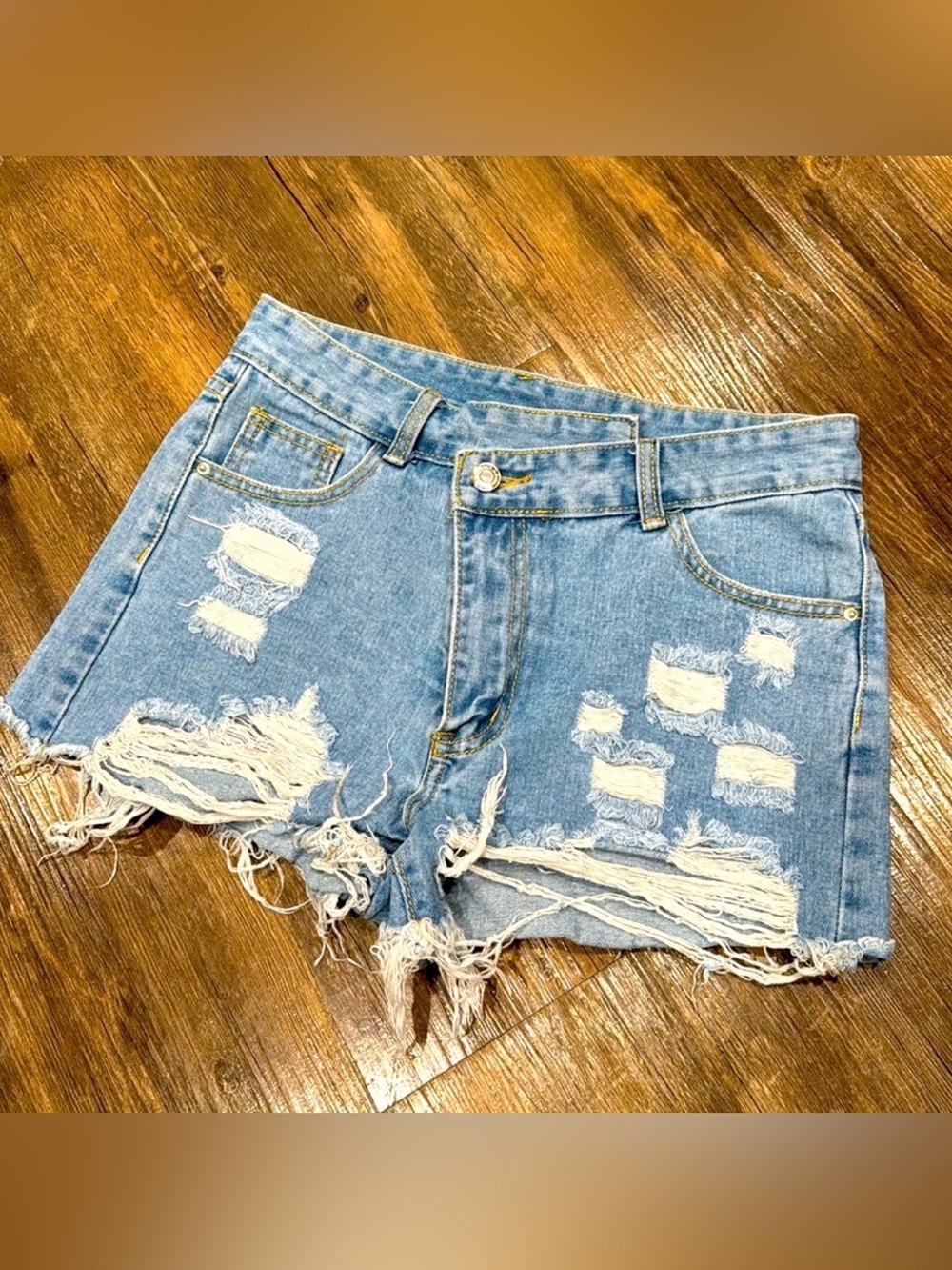 Light Wash Distressed High Rise Denim Shorts | Frayed Cutoff Festival Summer
